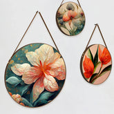 Round Framed Pink & Orange Floral Canvas Wall Hanging Canvas Painting - Set of 3